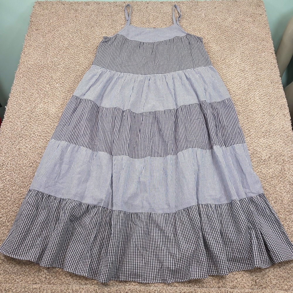 RUBY YAYA Maxi Midi Dress Large 100% Cotton Blue Tiered Gingham‎ Check Striped
